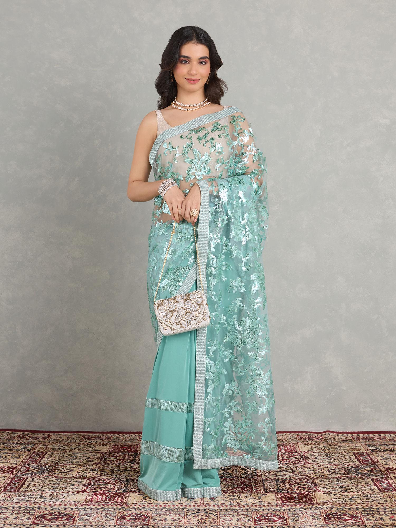 green net embellished and sequined embroidered party saree with unstitched blouse