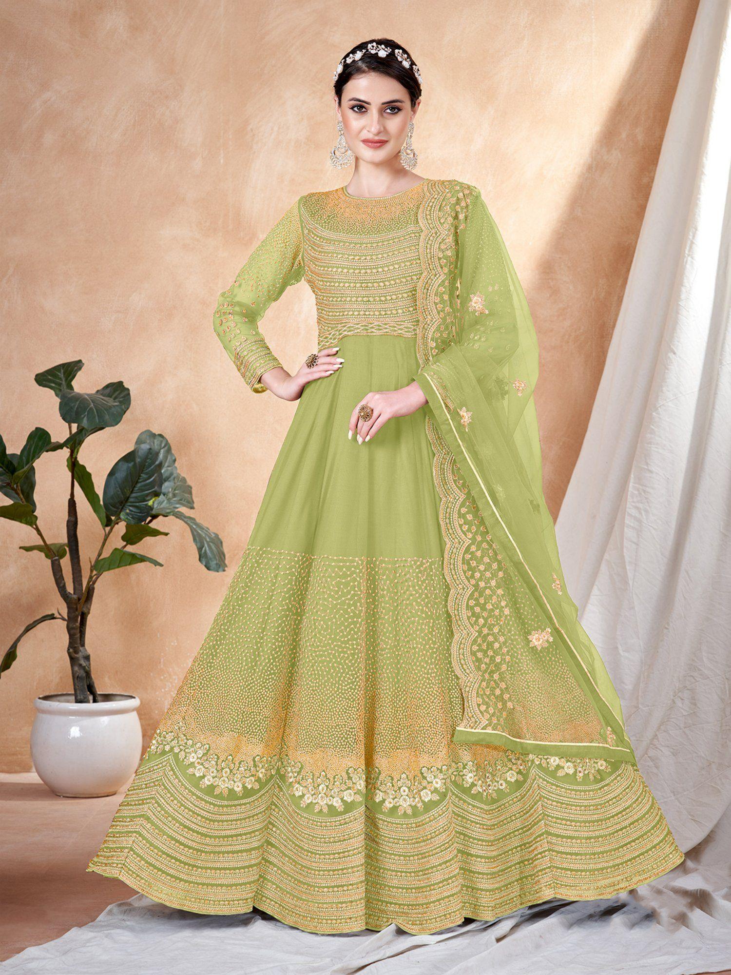 green net embellished semi stitched dress material with inner (set of 4)