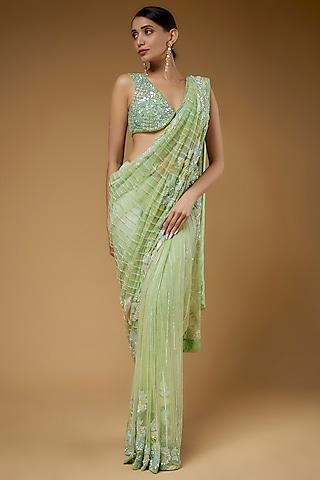 green net embroidered saree set