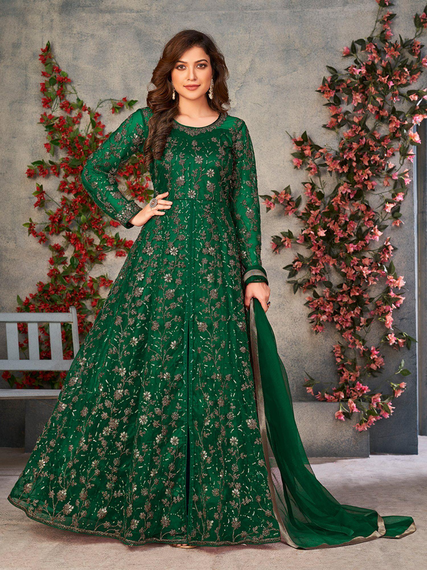 green net embroidered semi stitched dress material with inner (set of 4)