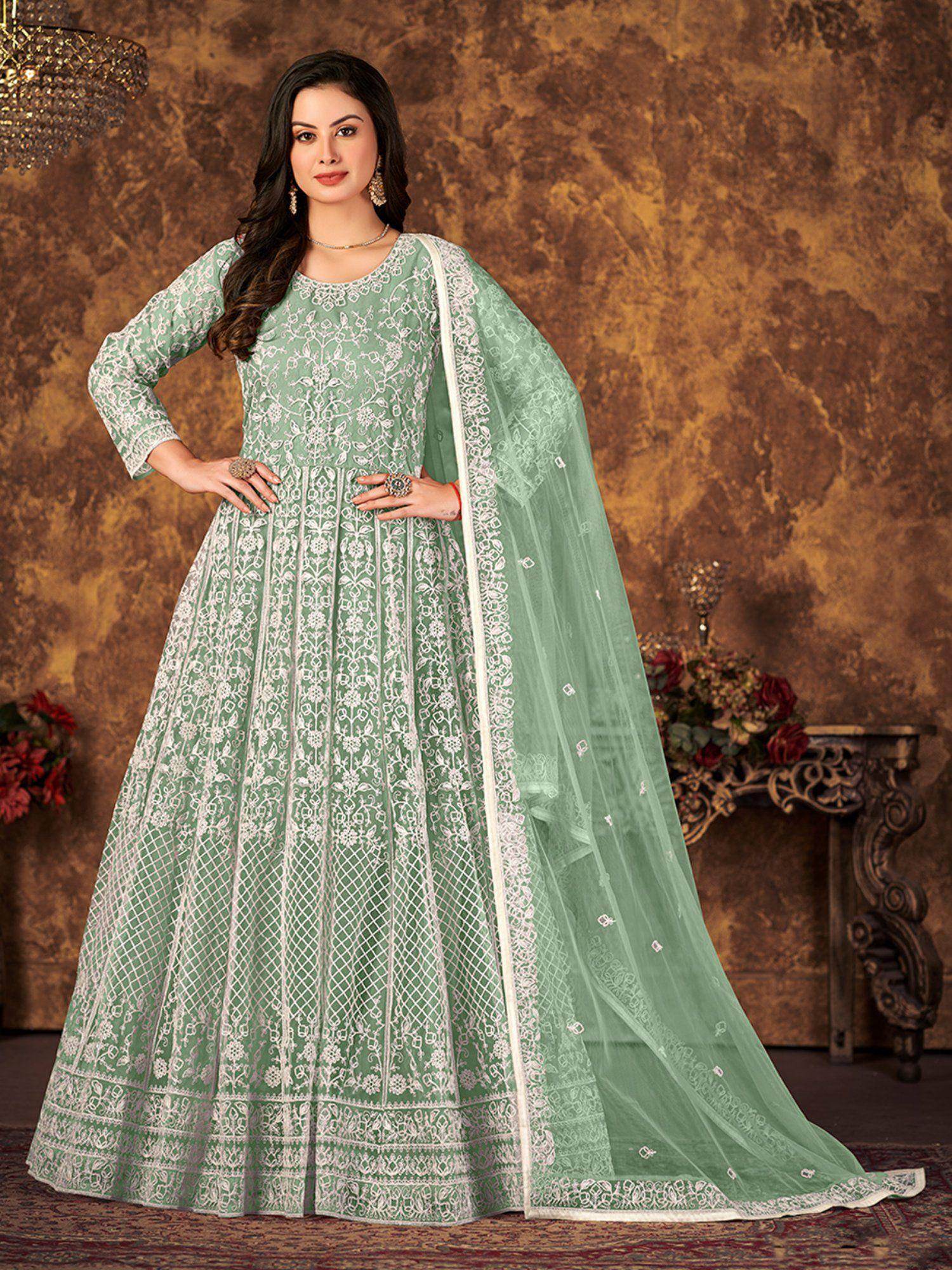 green net embroidered semi stitched dress material with inner (set of 4)