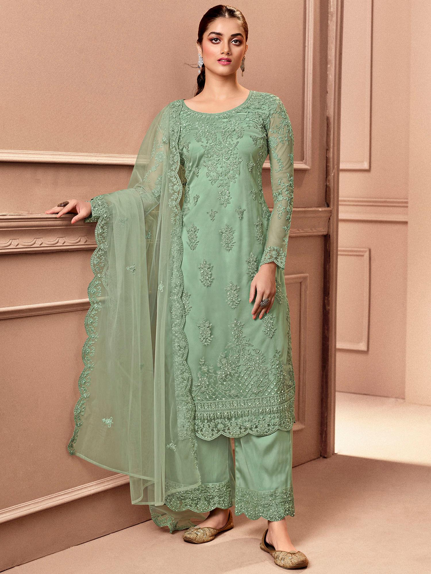 green net embroidered unstitched dress material (set of 3)