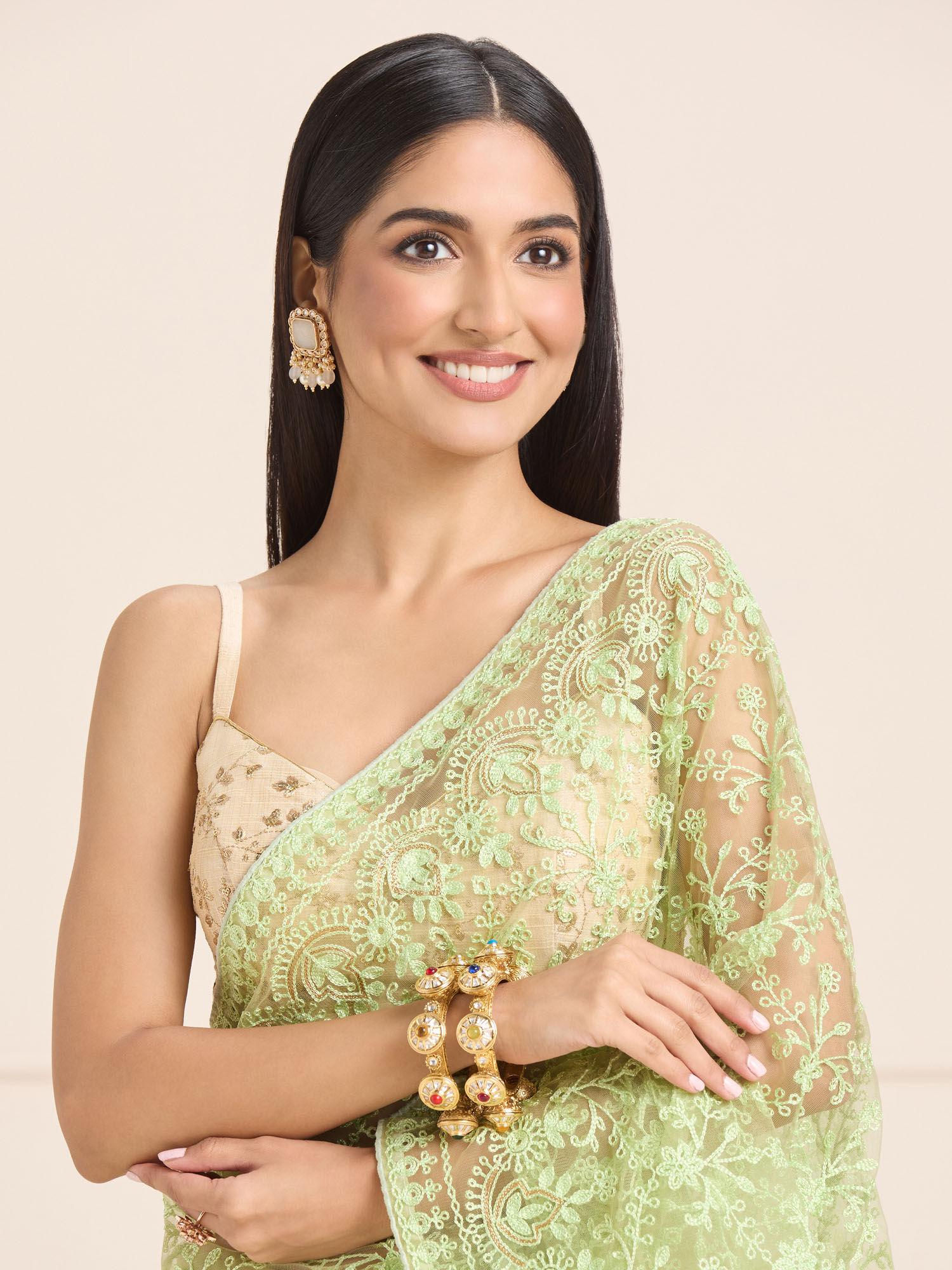 green net floral ethnic motif embroidered party saree & unstitched blouse