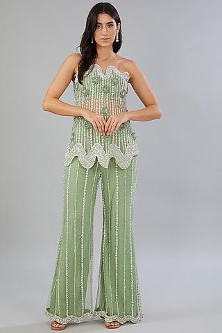 green net hand embroidered tunic set