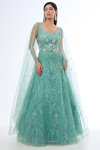 green net patra & sequins embellished gown