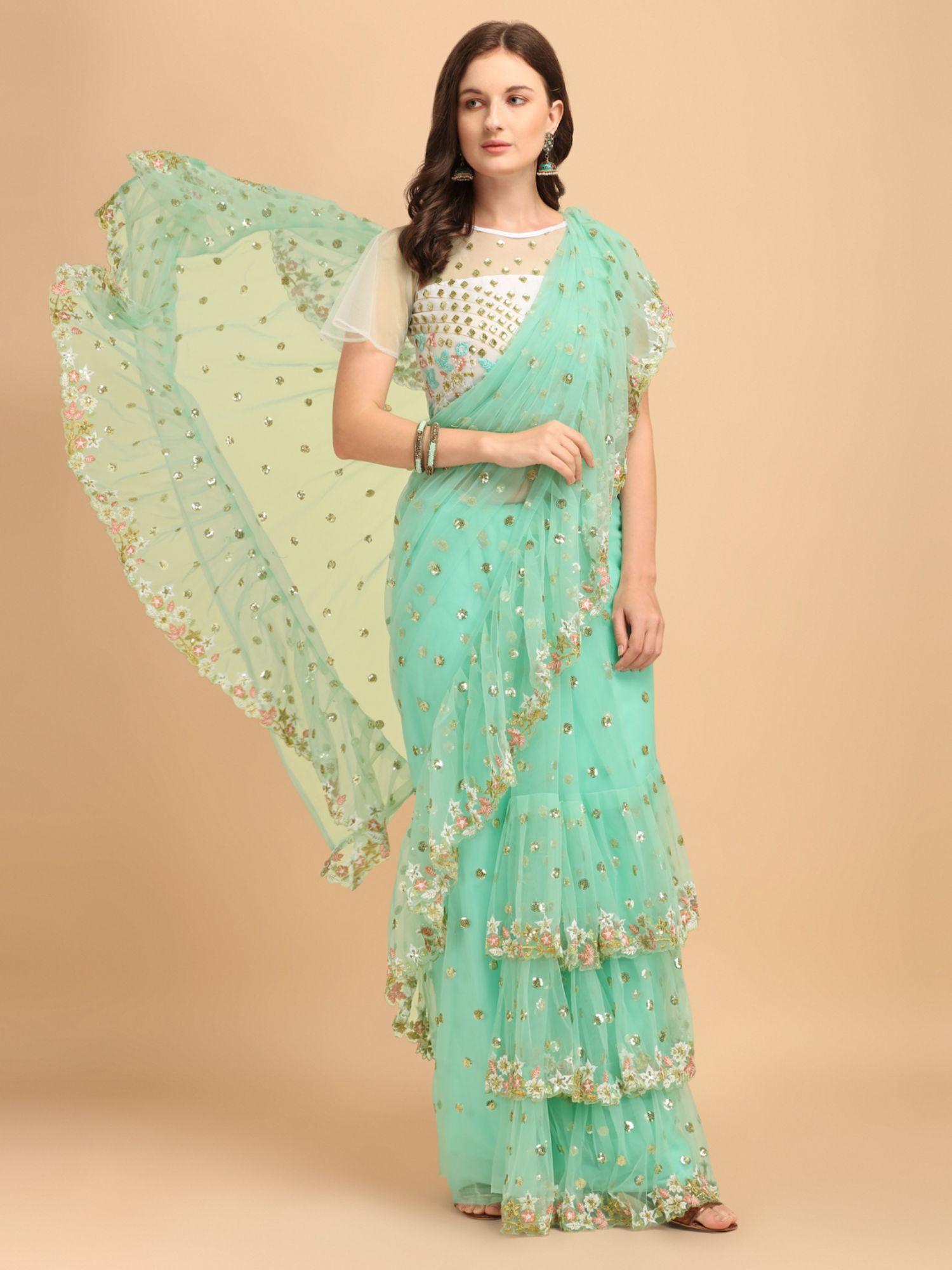 green net sequinned embroidered ruffled saree with unstitched blouse