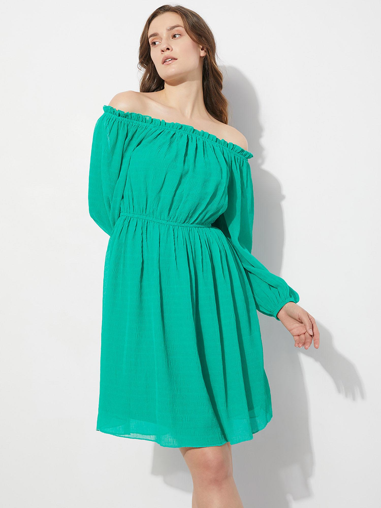 green off-shoulder fit & flare dress