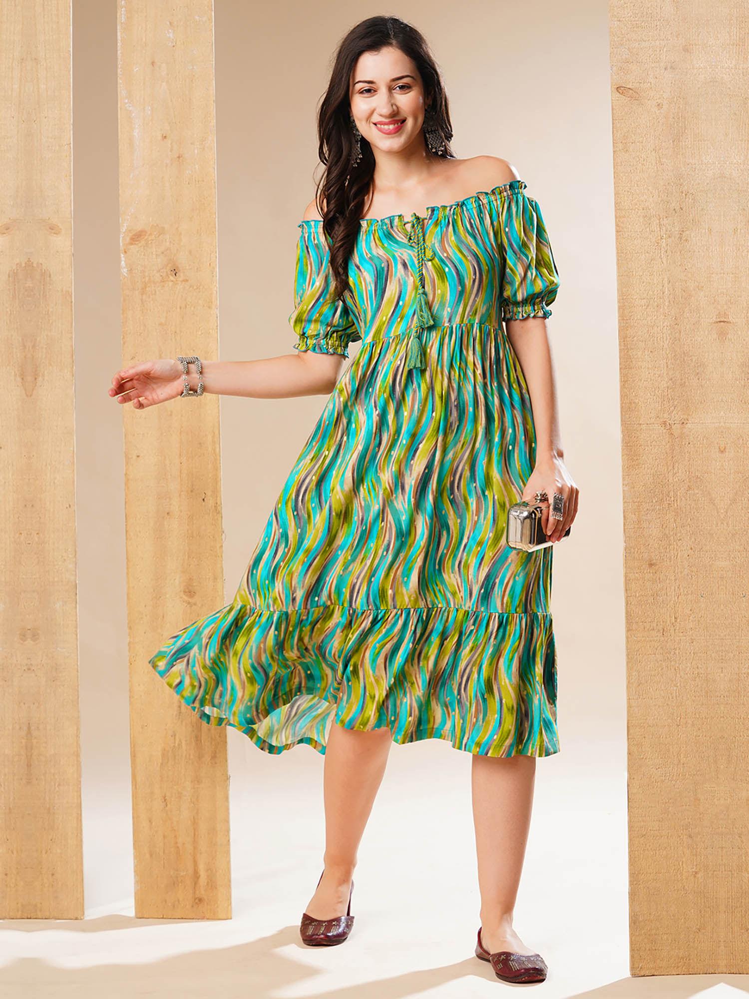 green off-shoulder puff sleeves a-line dress