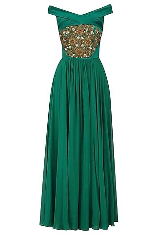 green off shoulder zardozi embroidered anarkali set