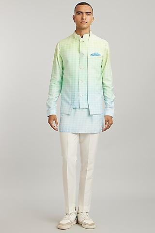 green ombre cotton silk digital printed bundi jacket