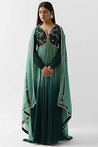green ombre embroidered pleated anarkali set