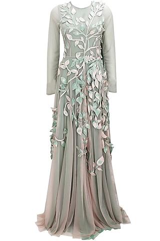 green ombre leaves embroidered 3d applique work grandeur trail gown
