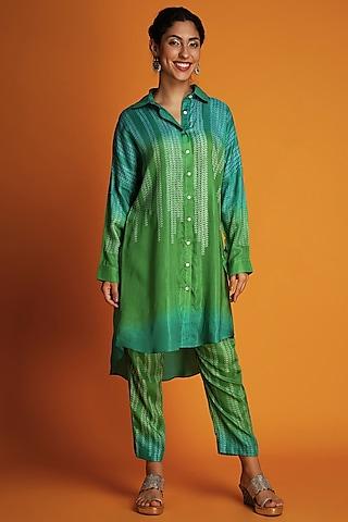 green ombre modal block-printed shirt tunic set