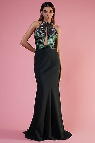 green ombre net embroidered gown