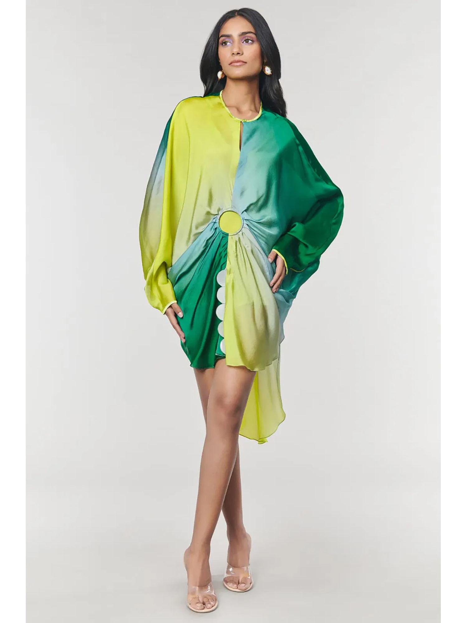 green ombre printed ring dress with inner (set of 2)