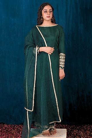 green opada silk hand embroidered kurta set