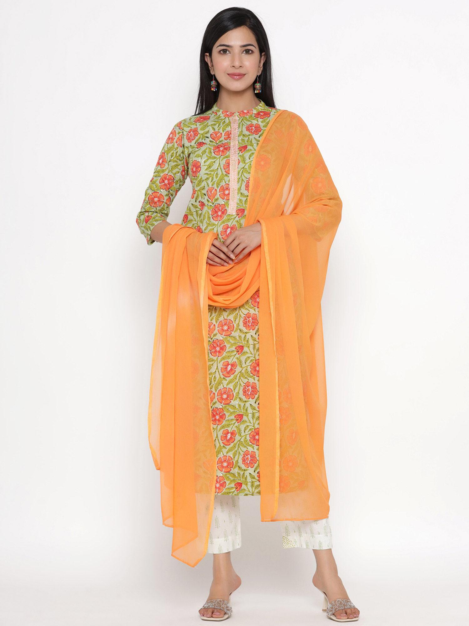 green-orange printed kurta-pants-dupatta (set of 3)