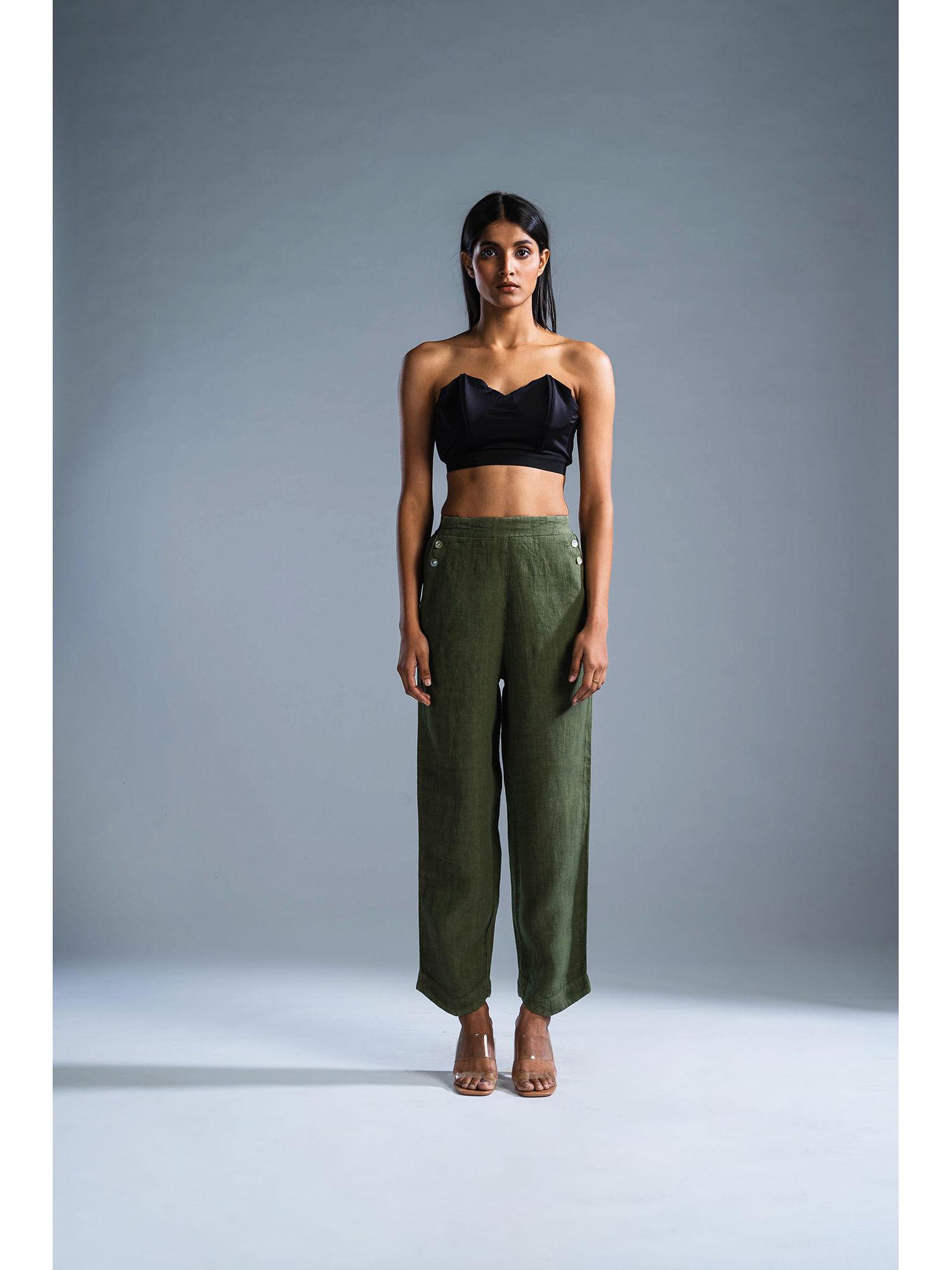 green organic linen button up pants