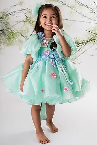 green organza & net embroidered dress for girls