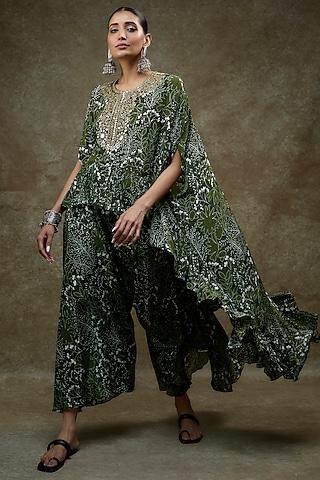 green organza & silk printed cape set