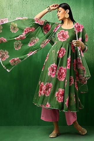 green organza carnation printed anarkali set