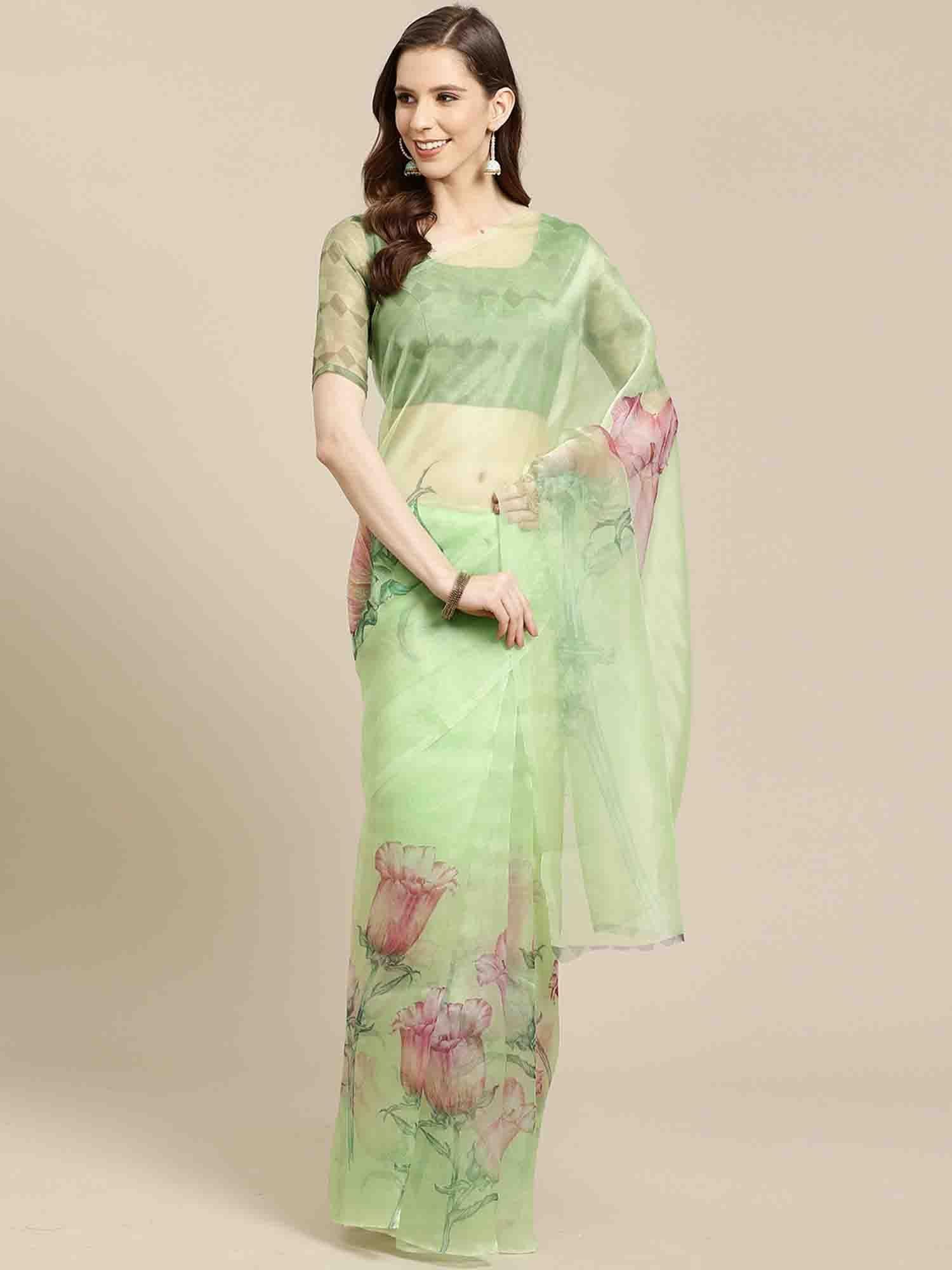 green organza digital floral printed traditional saree with unstitched blouse