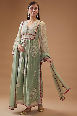 green organza embroidered & printed kurta set