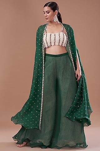 green organza embroidered cape set