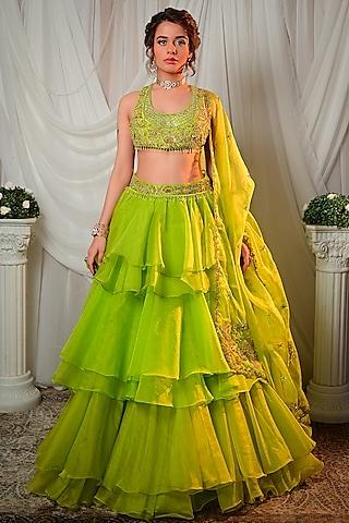 green organza embroidered layered frilled lehenga set