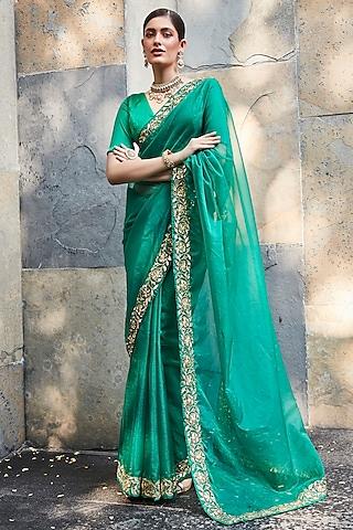 green organza embroidered saree set