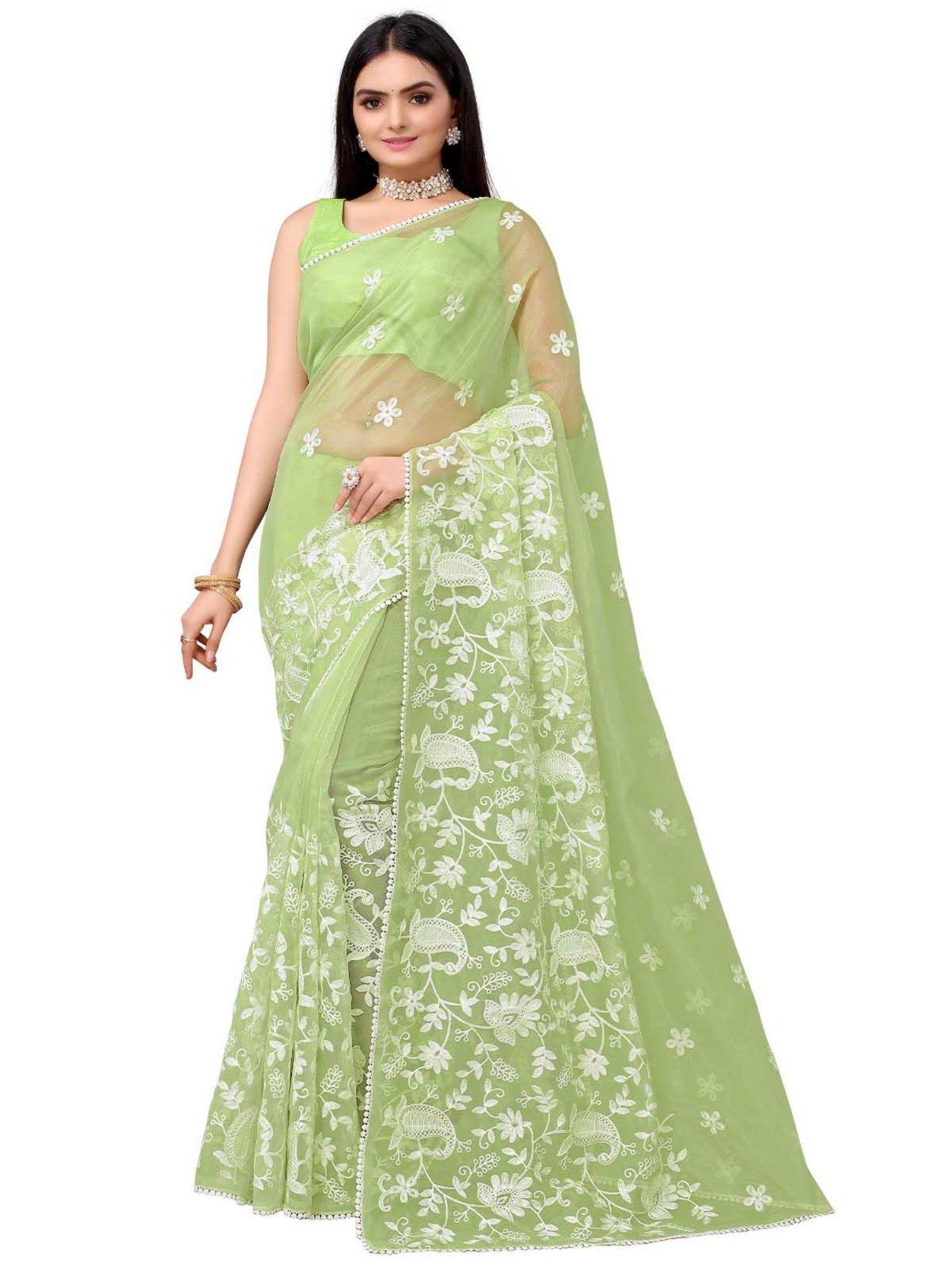 green organza embroidered saree with unstitched blouse