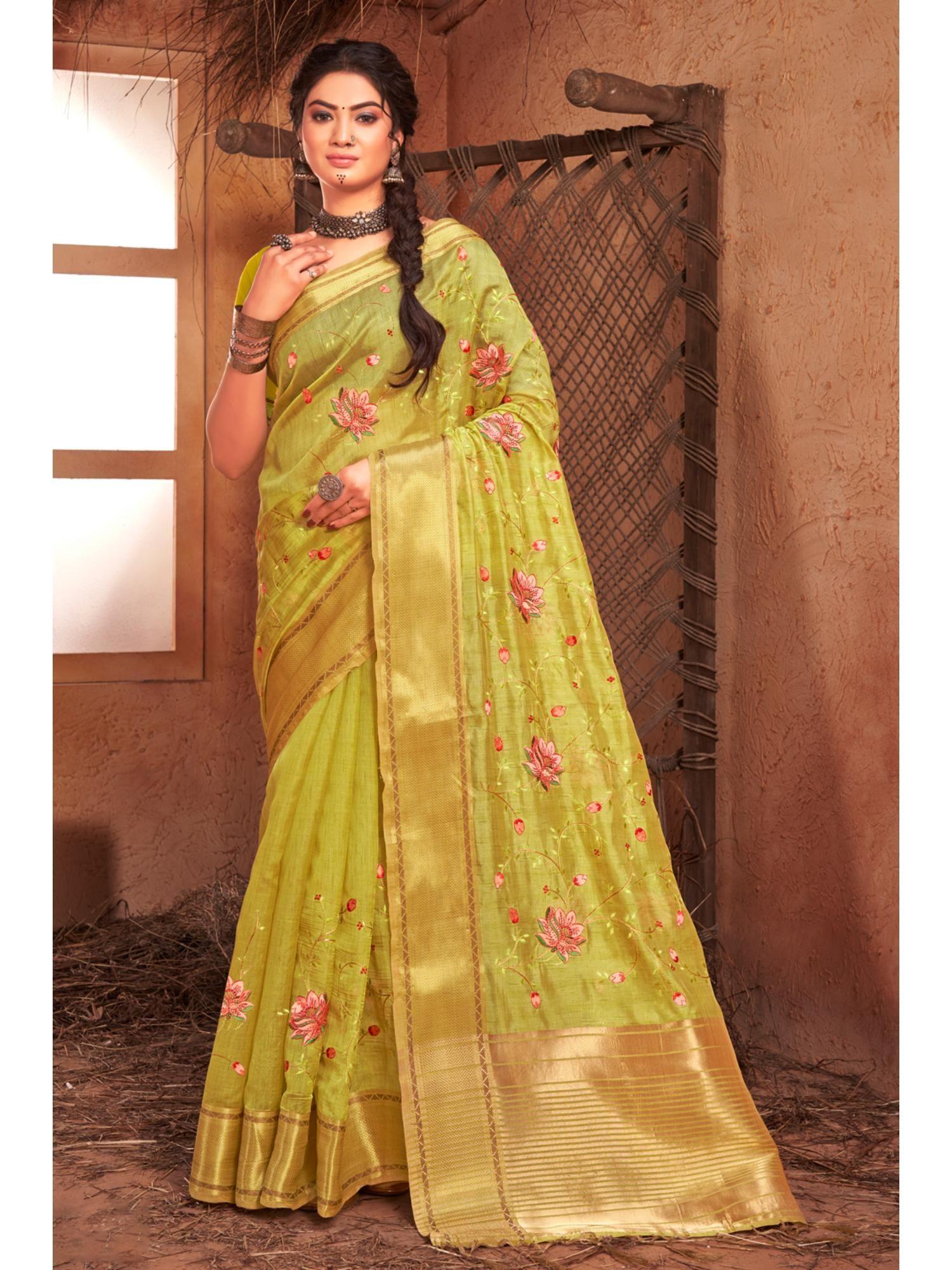 green organza embroidery with stone traditional tassel saree with unstitched blouse
