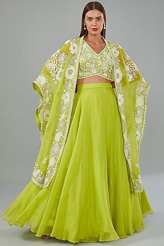 green organza floral hand embroidered cape set