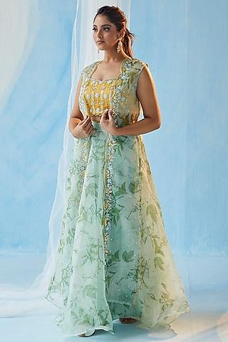 green organza floral leaf printed & hand embroidered cape set