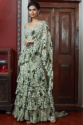 green organza garden printed ruffled saree set