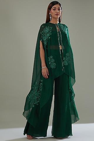 green organza hand embroidered cape set