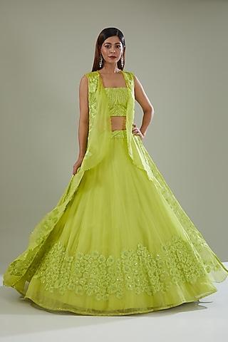 green organza hand embroidered jacket lehenga set