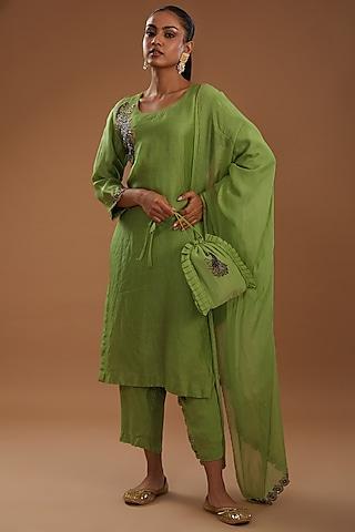 green organza hand embroidered kurta set