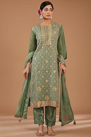 green organza jacquard thread embroidered kurta set