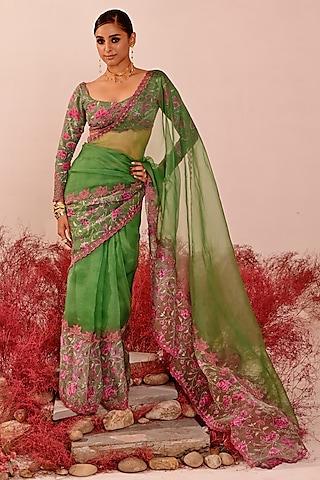 green organza machine embroidered saree