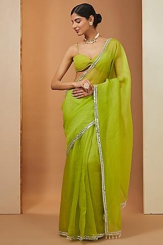 green organza mirror gota embellished saree set