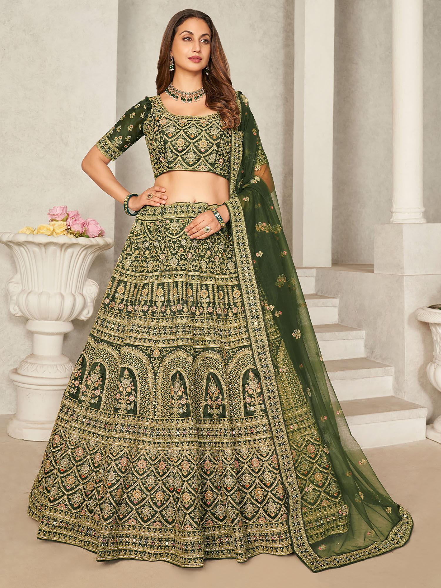 green organza net embroidered semi stitched lehenga with unstitched blouse (set of 3)