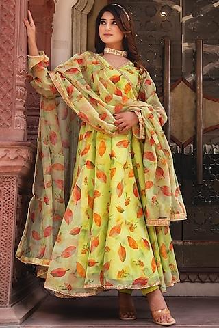 green organza printed anarkali set