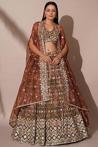 green organza printed jacket lehenga set