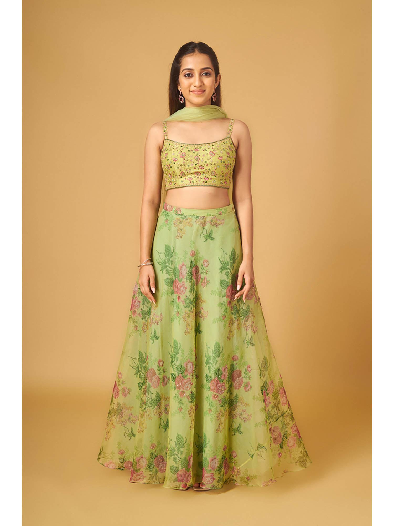 green organza printed lehenga embroidered blouse with dupatta (set of 3)