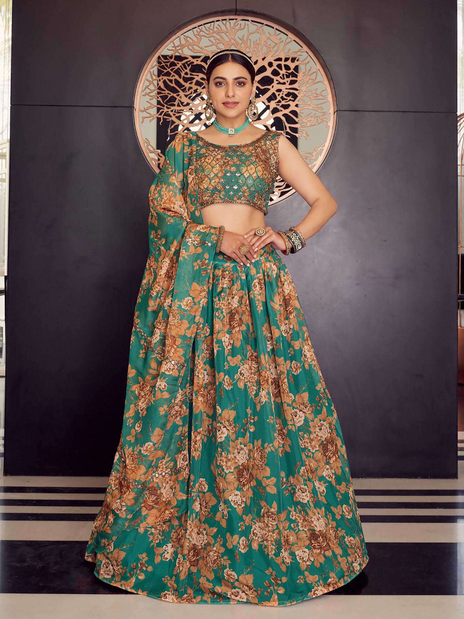 green organza semi stitched lehenga with unstitched blouse (set of 3)