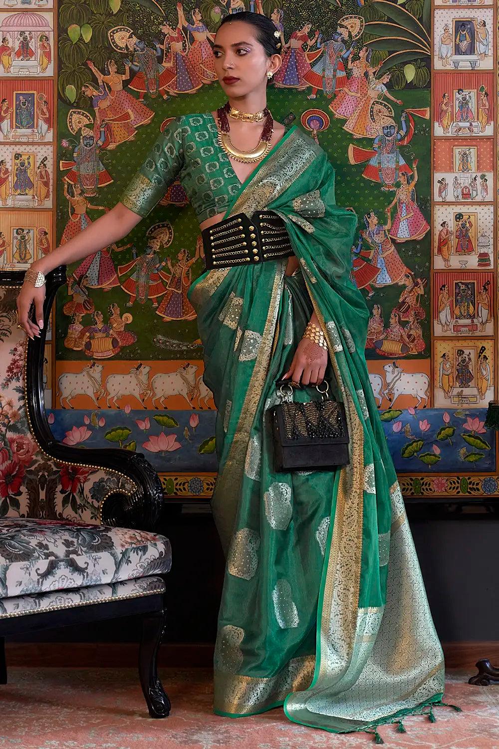 green organza silk saree with handloom weaving work