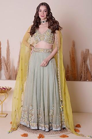 green organza tissue hand embroidered lehenga set