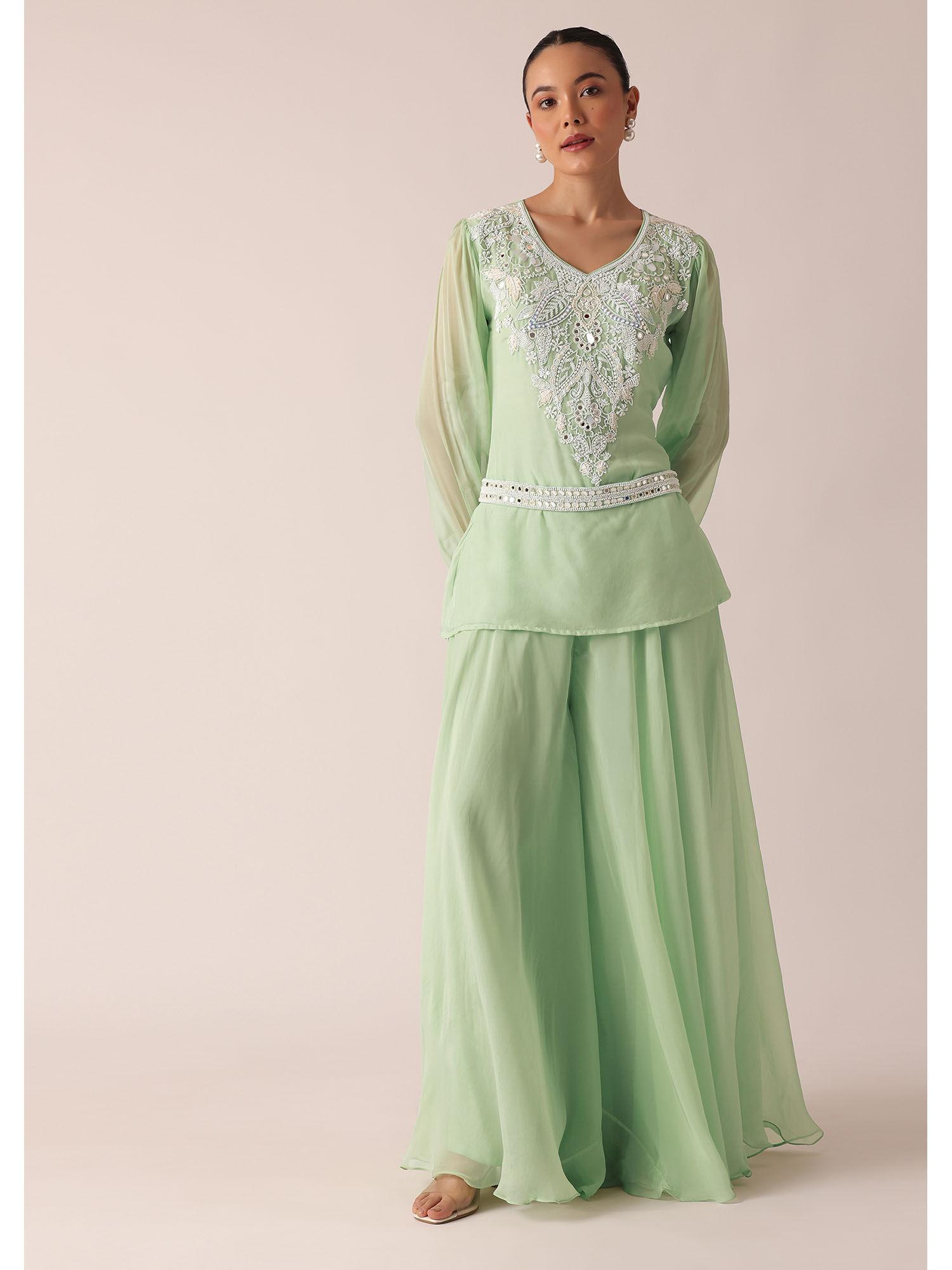 green organza top and palazzo with embroidery and belt (set of 3)
