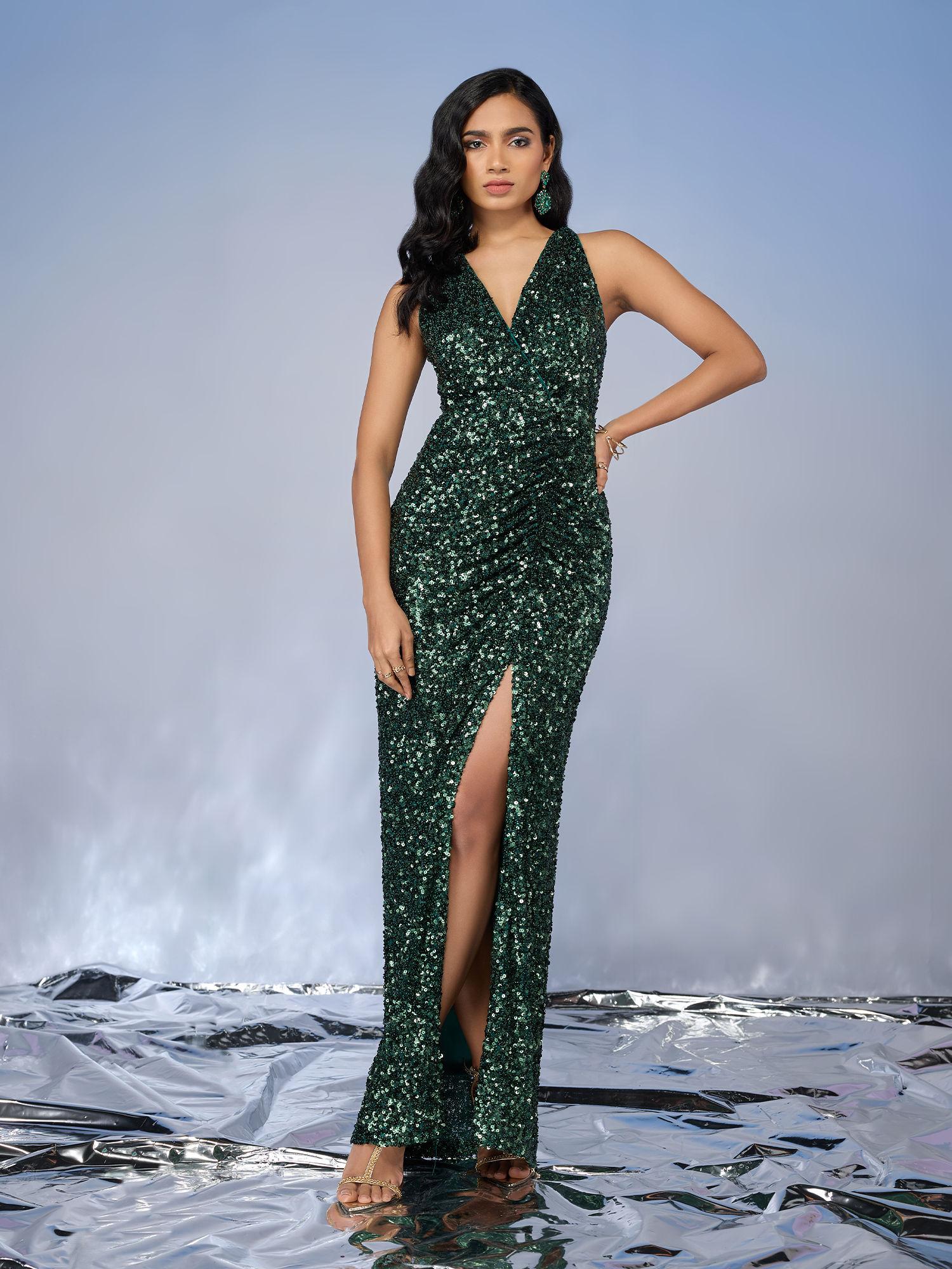 green overlap sequin backless slit party gown